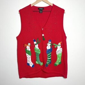 SML Design Womens Christmas Sweater Vest S Red Ramie‎ Cotton Snowmen Stockings